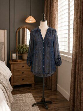 Diane Von Furstenberg Ladies Size 8 Silk Sheer Blouse Blue/Black